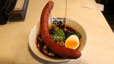 【閉店】【スープカレーの田中さん】超ビッグなメガフランクと黒千石大豆ご飯